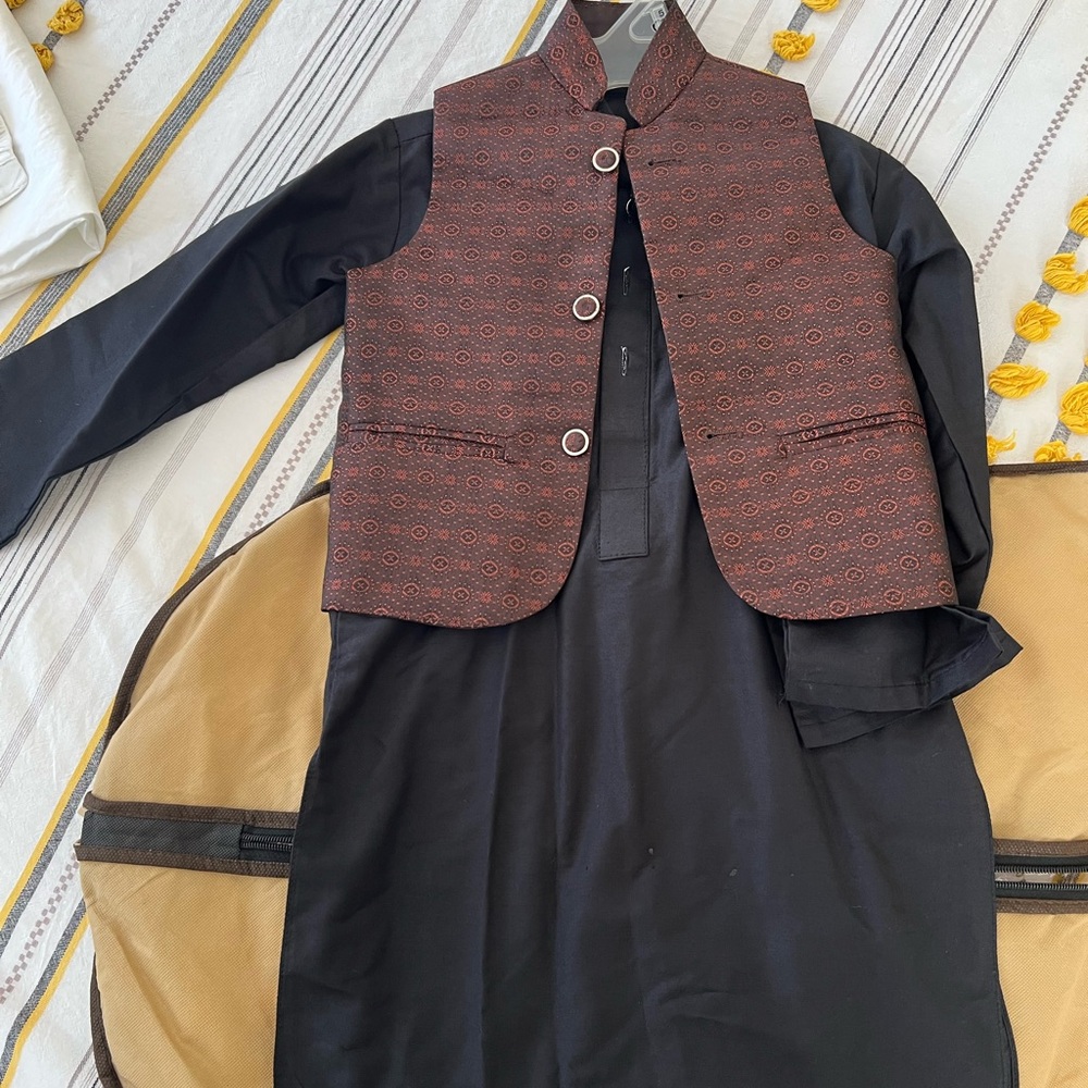 Elegant Black and Brown youn boys / kids jacket vest and shalwar kameez